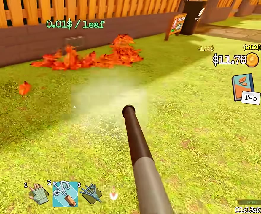 Leaf blower clearing a wall-side pile during map progression